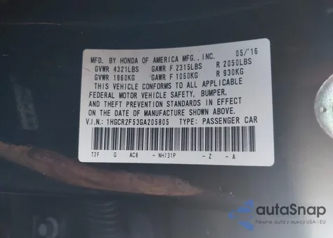 2016 Honda Accord Sport из США, поврежденный, VIN 1HGCR2F53GA205805